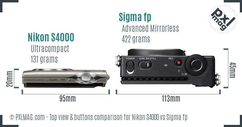 Nikon S4000 vs Sigma fp top view buttons comparison