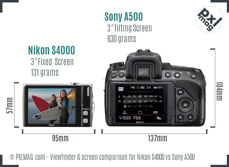 Nikon S4000 vs Sony A500 Screen and Viewfinder comparison