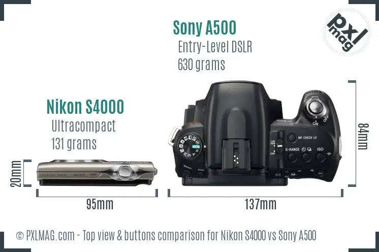 Nikon S4000 vs Sony A500 top view buttons comparison
