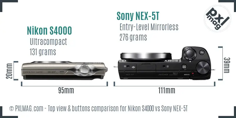 Nikon S4000 vs Sony NEX-5T top view buttons comparison