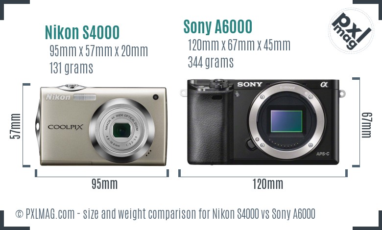 Nikon S4000 vs Sony A6000 size comparison
