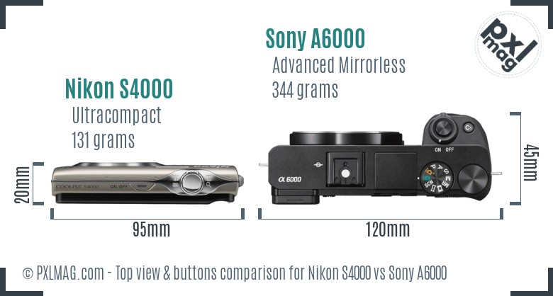 Nikon S4000 vs Sony A6000 top view buttons comparison