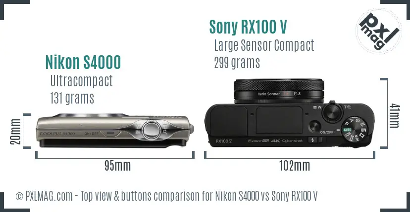 Nikon S4000 vs Sony RX100 V top view buttons comparison