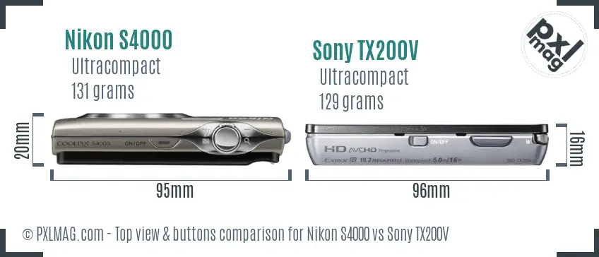 Nikon S4000 vs Sony TX200V top view buttons comparison