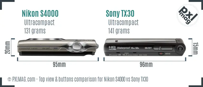 Nikon S4000 vs Sony TX30 top view buttons comparison