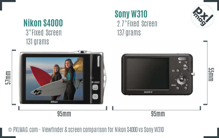 Nikon S4000 vs Sony W310 Screen and Viewfinder comparison