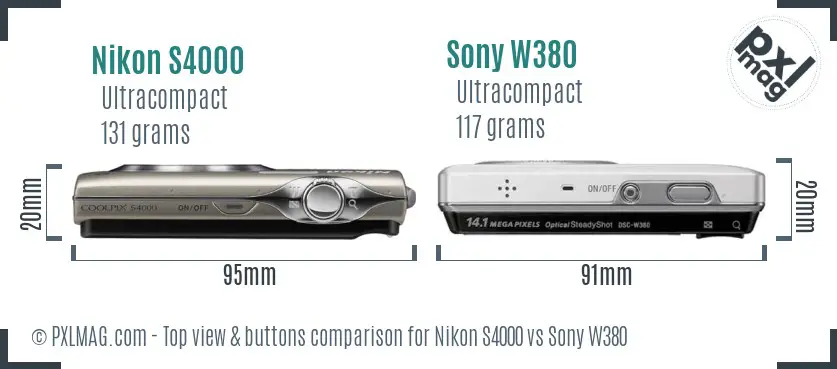 Nikon S4000 vs Sony W380 top view buttons comparison