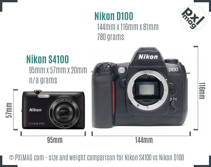 Nikon S4100 vs Nikon D100 size comparison