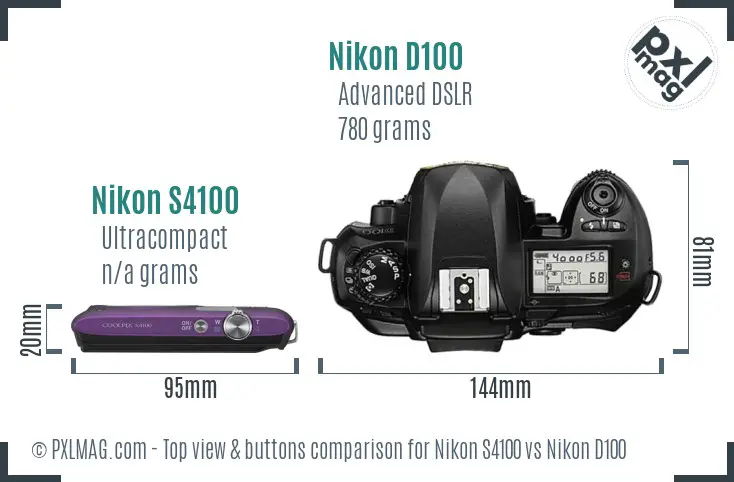 Nikon S4100 vs Nikon D100 top view buttons comparison