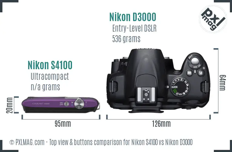 Nikon S4100 vs Nikon D3000 top view buttons comparison