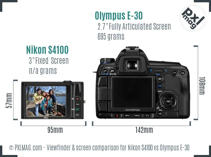 Nikon S4100 vs Olympus E-30 Screen and Viewfinder comparison