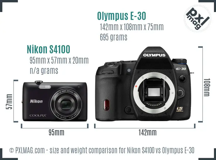 Nikon S4100 vs Olympus E-30 size comparison