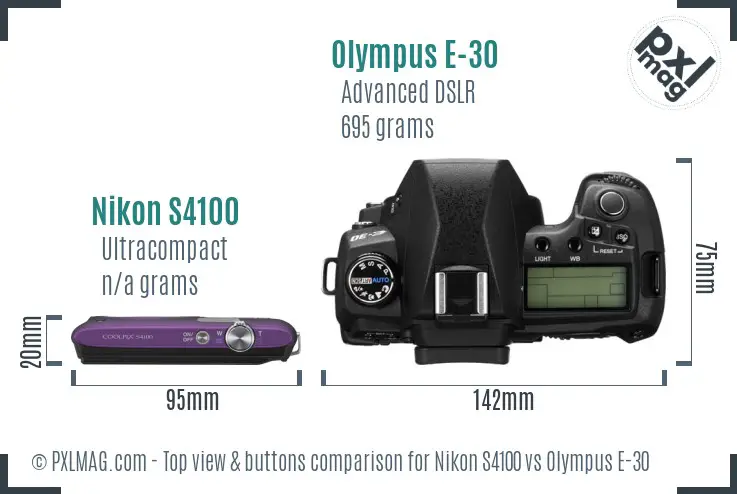 Nikon S4100 vs Olympus E-30 top view buttons comparison