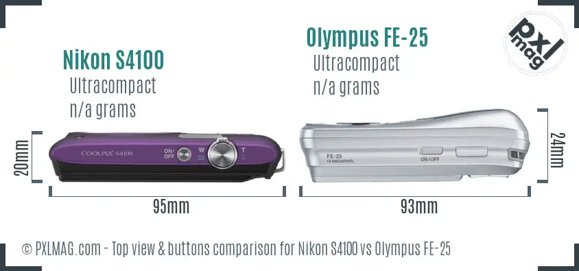 Nikon S4100 vs Olympus FE-25 top view buttons comparison Nikon S4100 vs Olympus FE-25 top view buttons comparison
