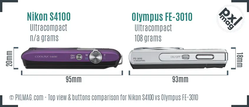 Nikon S4100 vs Olympus FE-3010 top view buttons comparison Nikon S4100 vs Olympus FE-3010 top view buttons comparison