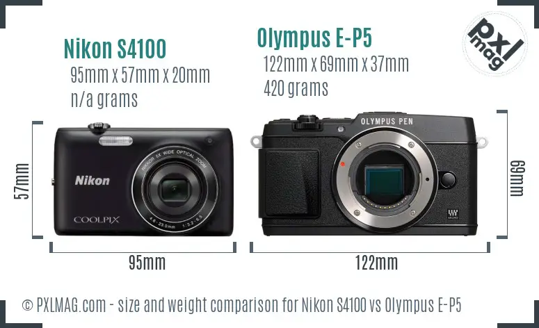 Nikon S4100 vs Olympus E-P5 size comparison