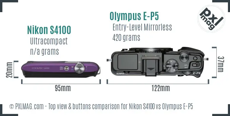 Nikon S4100 vs Olympus E-P5 top view buttons comparison