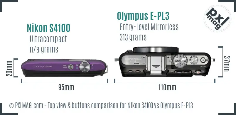 Nikon S4100 vs Olympus E-PL3 top view buttons comparison