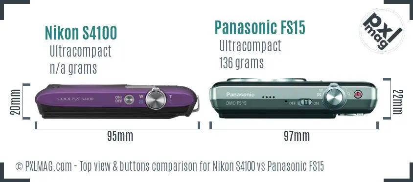 Nikon S4100 vs Panasonic FS15 top view buttons comparison Nikon S4100 vs Panasonic FS15 top view buttons comparison