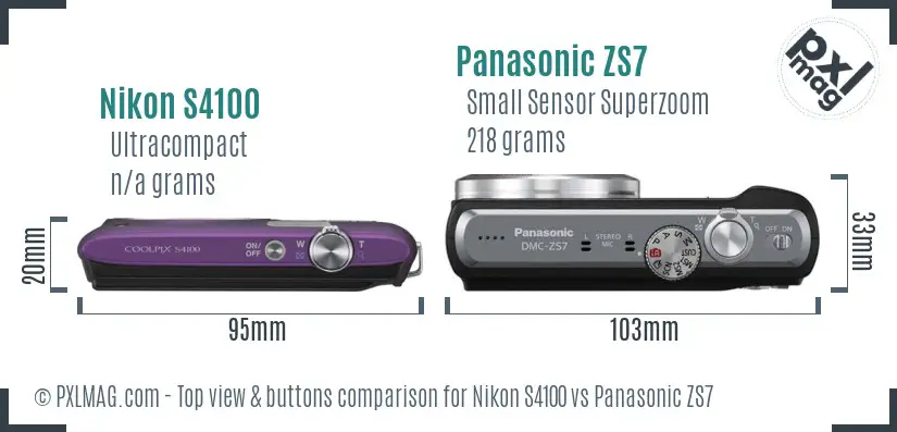 Nikon S4100 vs Panasonic ZS7 top view buttons comparison