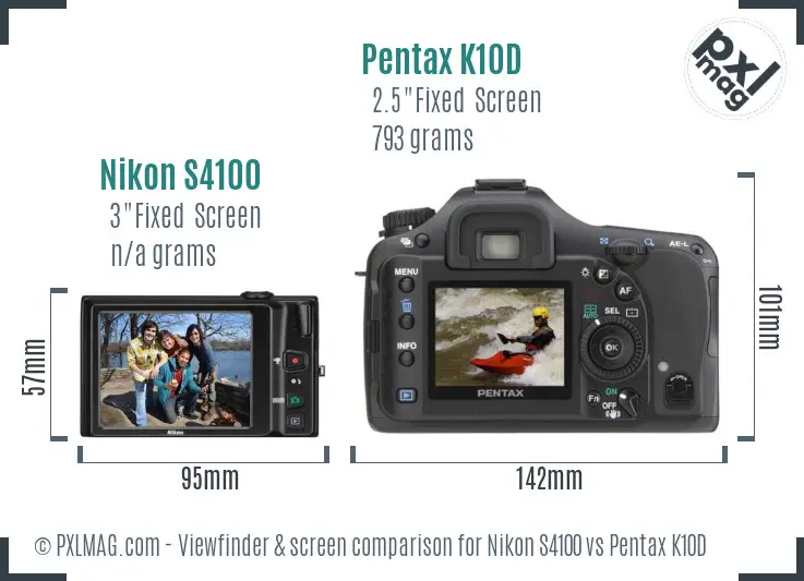 Nikon S4100 vs Pentax K10D Screen and Viewfinder comparison