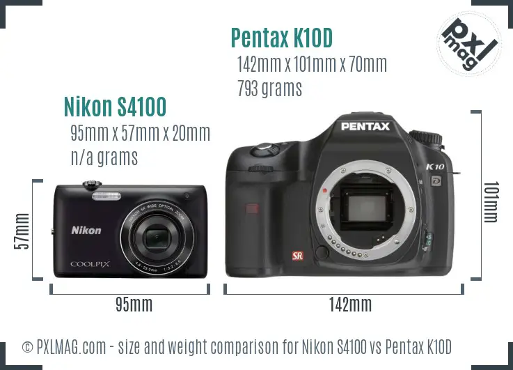 Nikon S4100 vs Pentax K10D size comparison