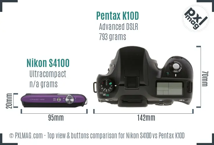 Nikon S4100 vs Pentax K10D top view buttons comparison