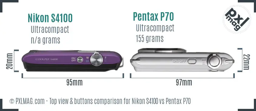Nikon S4100 vs Pentax P70 top view buttons comparison