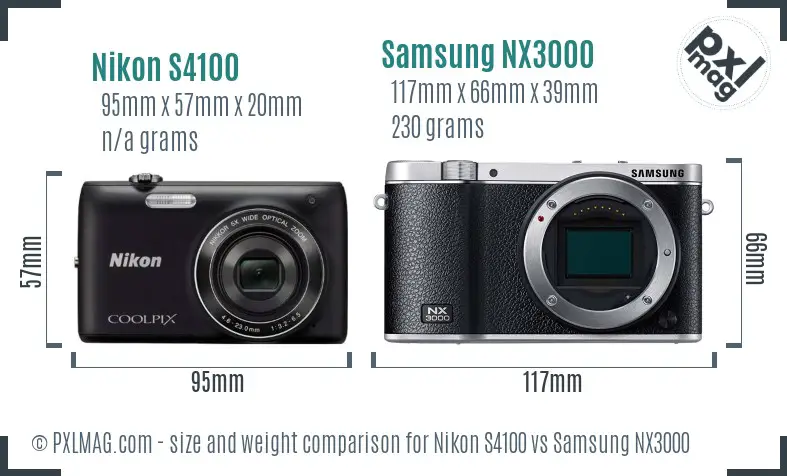 Nikon S4100 vs Samsung NX3000 size comparison