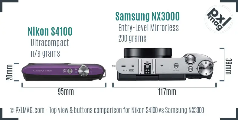 Nikon S4100 vs Samsung NX3000 top view buttons comparison
