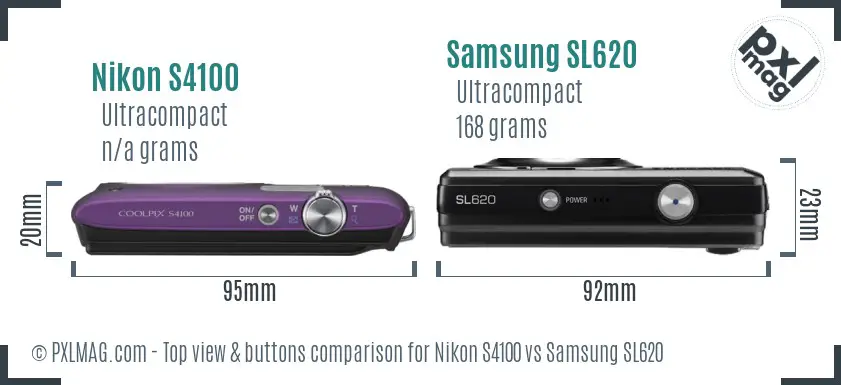 Nikon S4100 vs Samsung SL620 top view buttons comparison