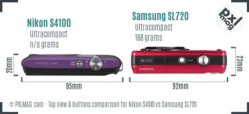 Nikon S4100 vs Samsung SL720 top view buttons comparison