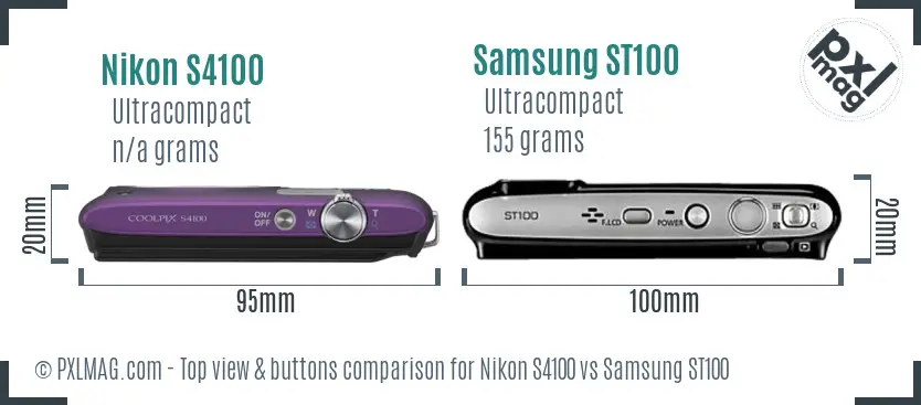 Nikon S4100 vs Samsung ST100 top view buttons comparison