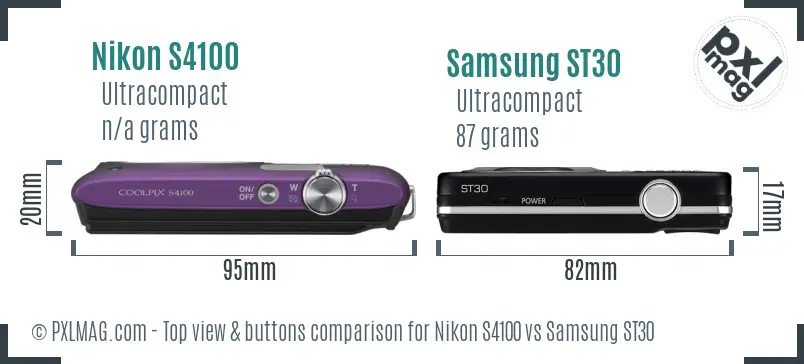 Nikon S4100 vs Samsung ST30 top view buttons comparison