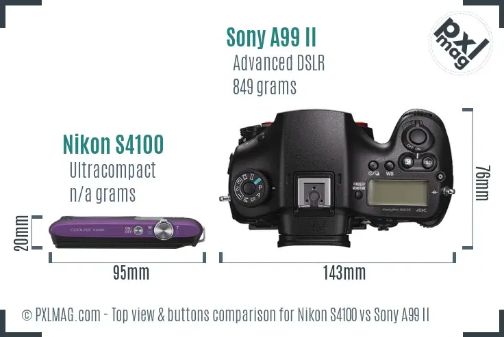 Nikon S4100 vs Sony A99 II top view buttons comparison