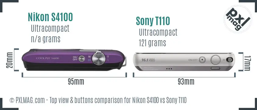 Nikon S4100 vs Sony T110 top view buttons comparison