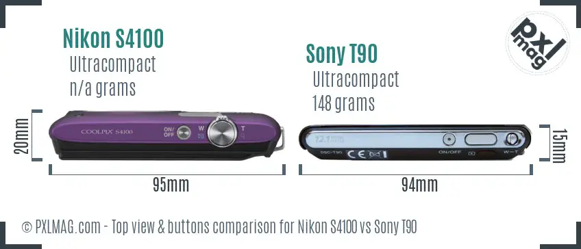 Nikon S4100 vs Sony T90 top view buttons comparison
