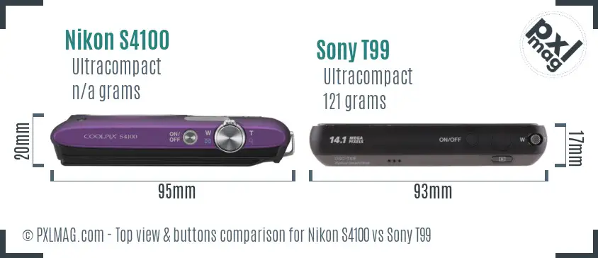 Nikon S4100 vs Sony T99 top view buttons comparison