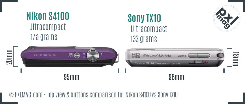 Nikon S4100 vs Sony TX10 top view buttons comparison Nikon S4100 vs Sony TX10 top view buttons comparison