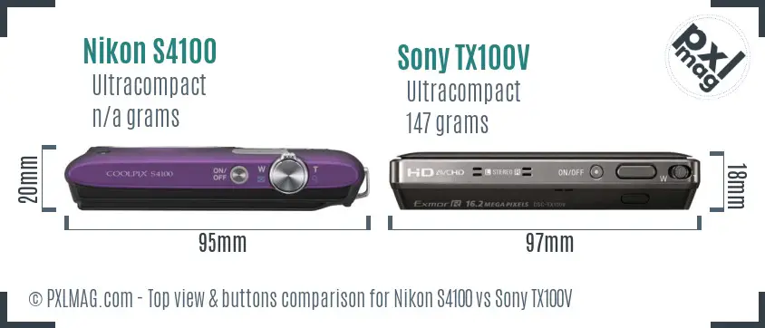Nikon S4100 vs Sony TX100V top view buttons comparison