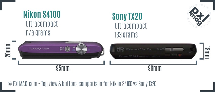 Nikon S4100 vs Sony TX20 top view buttons comparison