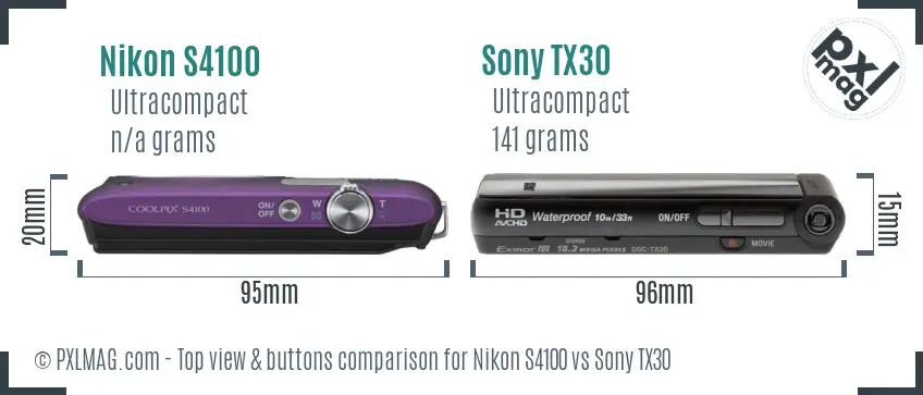 Nikon S4100 vs Sony TX30 top view buttons comparison