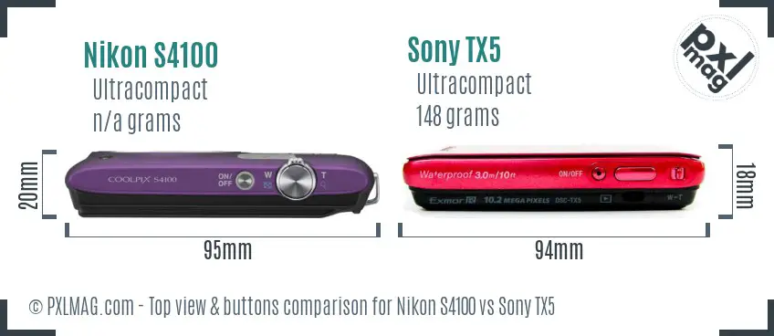 Nikon S4100 vs Sony TX5 top view buttons comparison