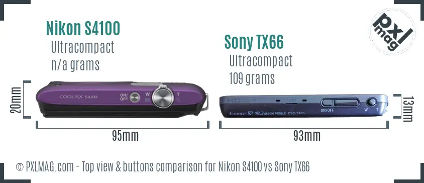 Nikon S4100 vs Sony TX66 top view buttons comparison
