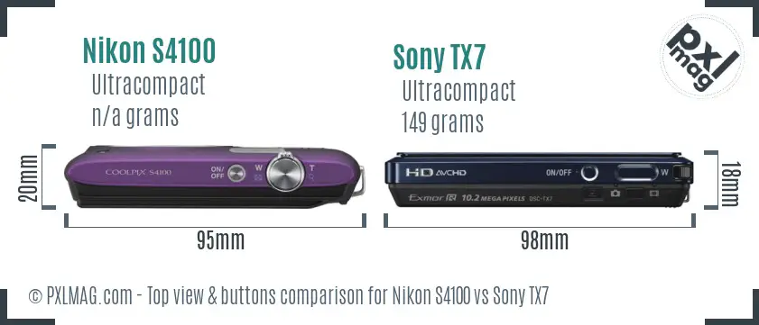 Nikon S4100 vs Sony TX7 top view buttons comparison