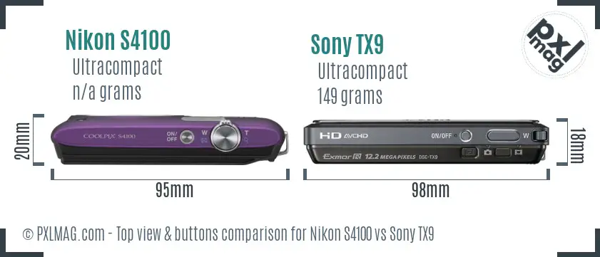 Nikon S4100 vs Sony TX9 top view buttons comparison Nikon S4100 vs Sony TX9 top view buttons comparison