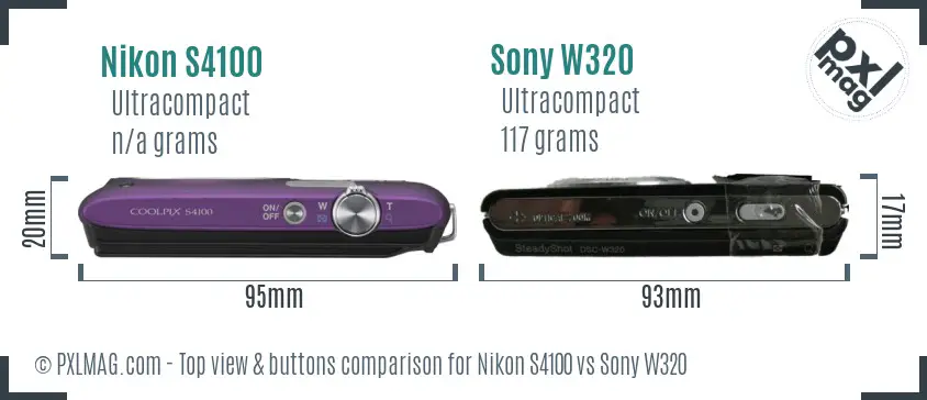 Nikon S4100 vs Sony W320 top view buttons comparison