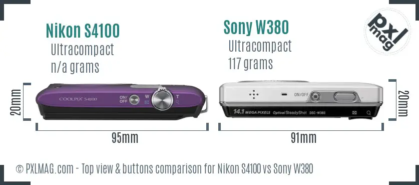 Nikon S4100 vs Sony W380 top view buttons comparison