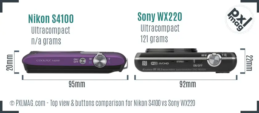 Nikon S4100 vs Sony WX220 top view buttons comparison