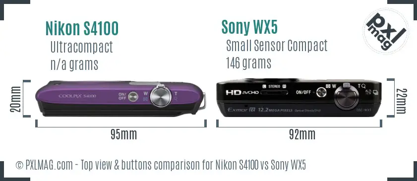 Nikon S4100 vs Sony WX5 top view buttons comparison